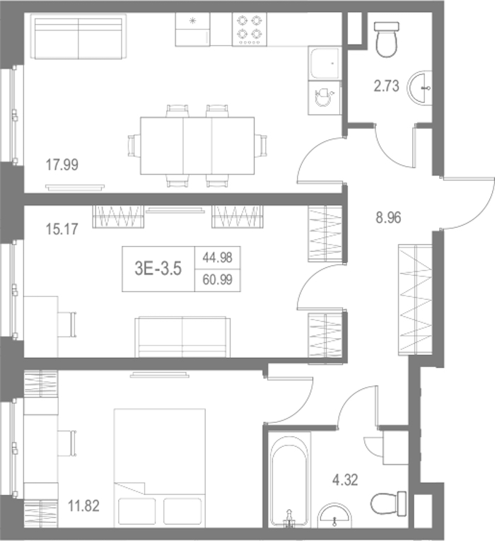 2-комнатная квартира 60.99 м², 2/17 эт., Комплекс апартаментов «Zoom на Неве»